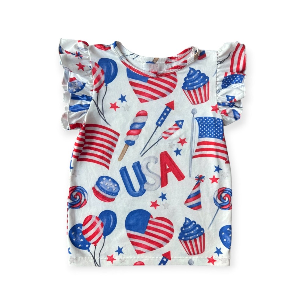 Mila & Rose Girls 3T Patriotic USA Flag Flutter Sleeve Ruffle Top White Red Blue